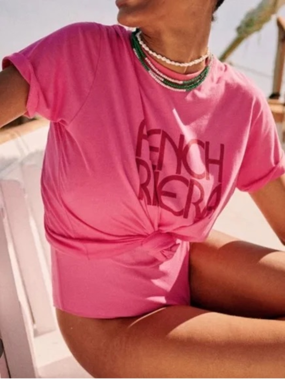 NWT SEZANE French Riviera Conrad Graphic Tee in Pink & Deep Red, Size M